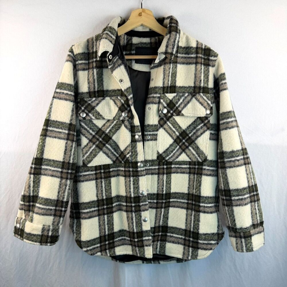 BLANKNYC Wool Blend Plaid Snap Front Brown & Cream Jacket Shacket Size S - Picture 2 of 5